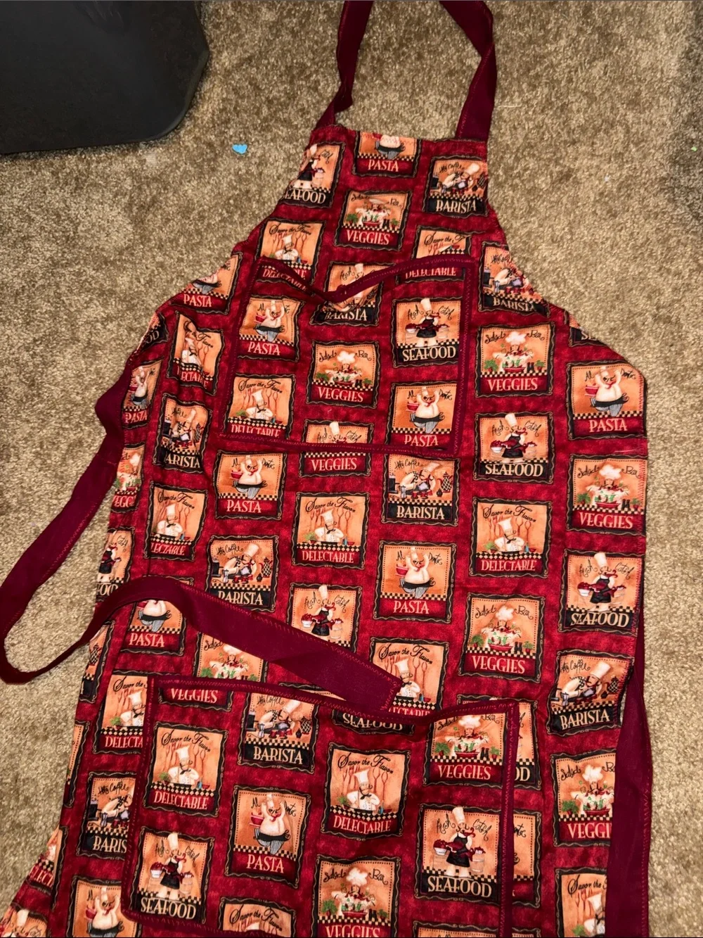Red Chef Apron with Food-Themed Print